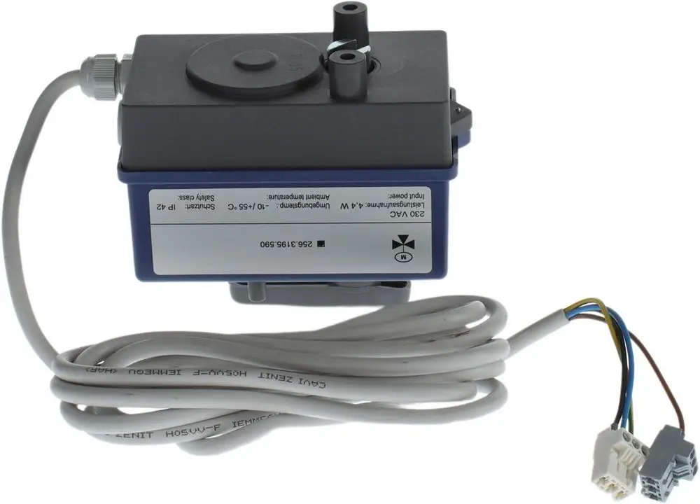 Bosch Antrieb mit zwei Anschlüssen und einem Stecker, der Antriebstechnik für ein 3-Wege-Ventil darstellt, mit abnehmbaren Kabeln für die elektrische Verbindung.
